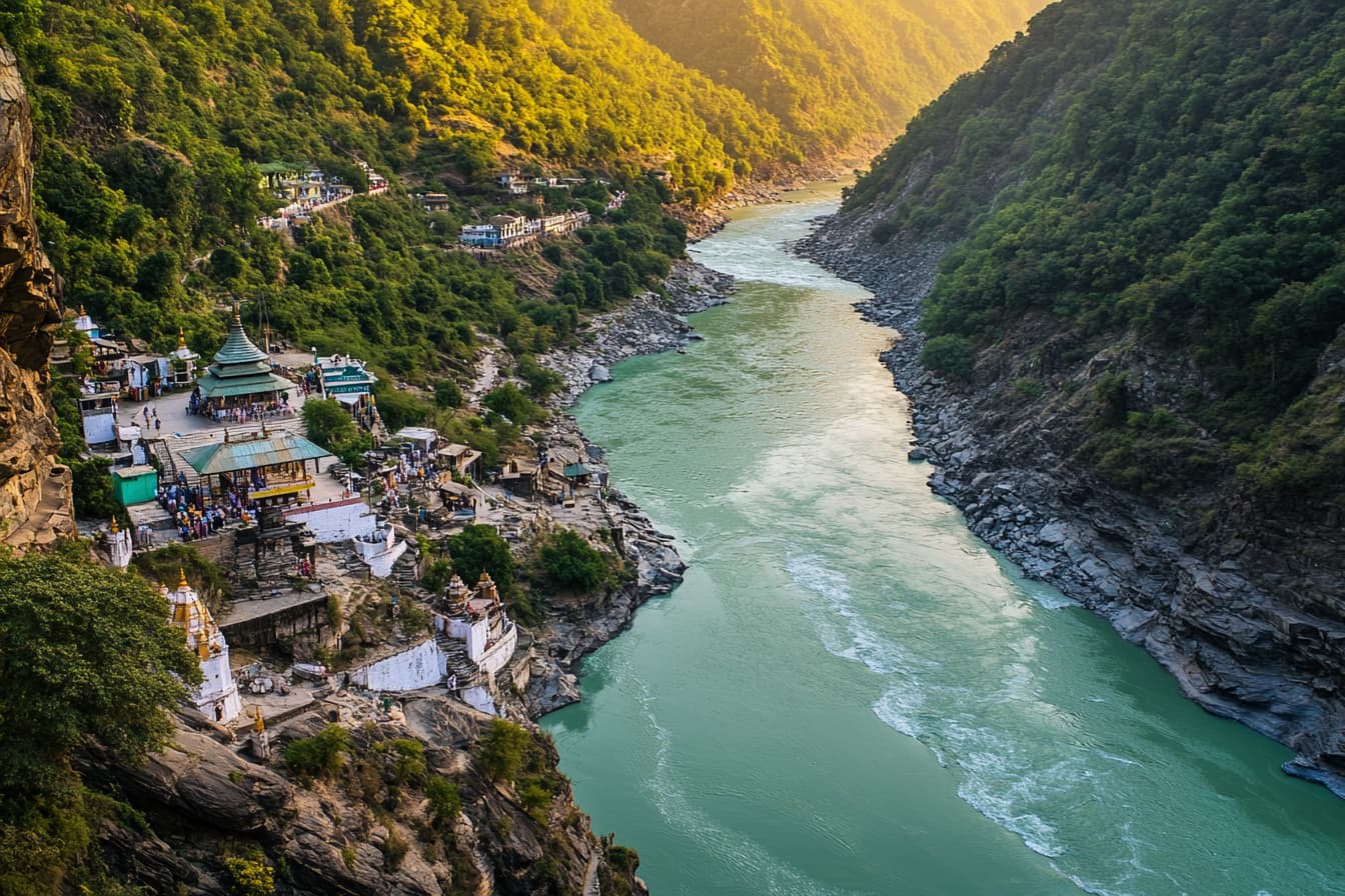 River confluence at Devprayag where the Alaknanda and Bhagirathi rivers meet, with temples on the cliff above the turquoise waters