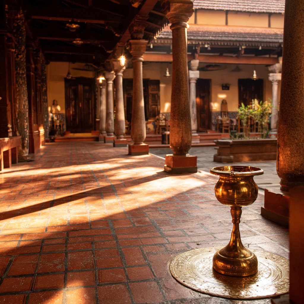 Grand Nattukotai Chettiar heritage mansion in Chettinad with ornate columns, Burma teak and Italian marble interiors