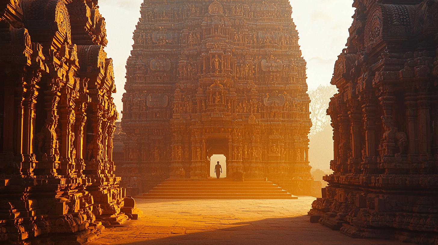 Ornate Tamil Nadu temple gopuram at dusk, thousands of painted stucco figures covering the towering gateway against a dramatic evening sky