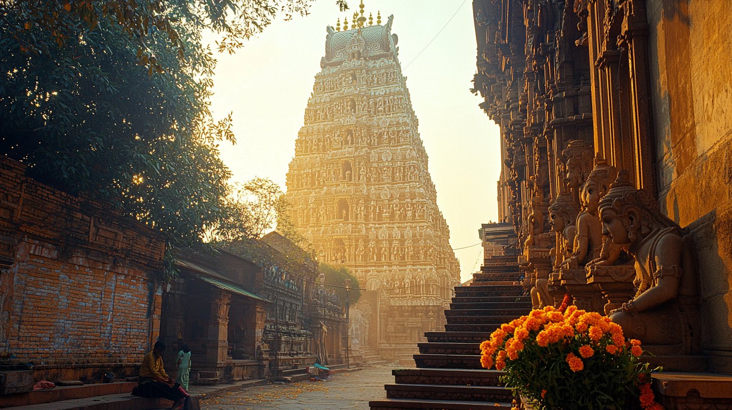 Meenakshi Amman Temple gopuram in Madurai at dusk, its towers covered in colourful sculpted figures rising above the old city