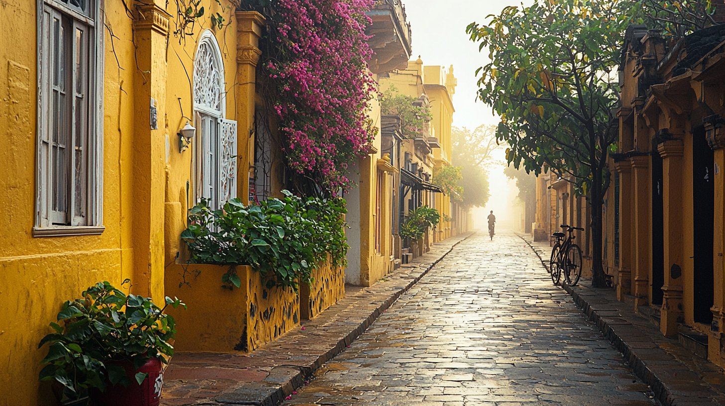 French Quarter street in Pondicherry with colonial-era buildings, bougainvillea and a sea-facing promenade
